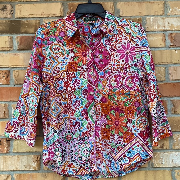 Size Petite Large, Multicolor Paisley, Ralph Lauren, Button Down Top
